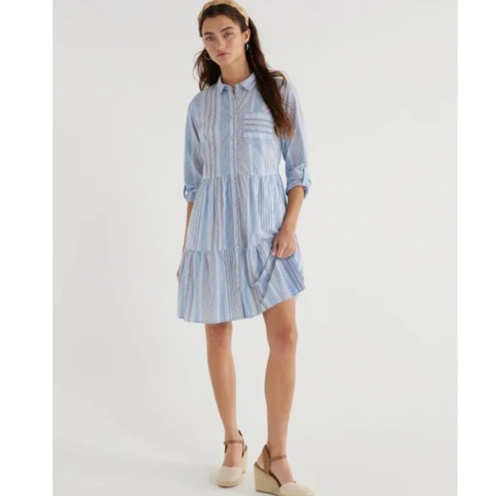 Time & Tru Blue And White Striped Tiered Shirt Dress XL (16/18)